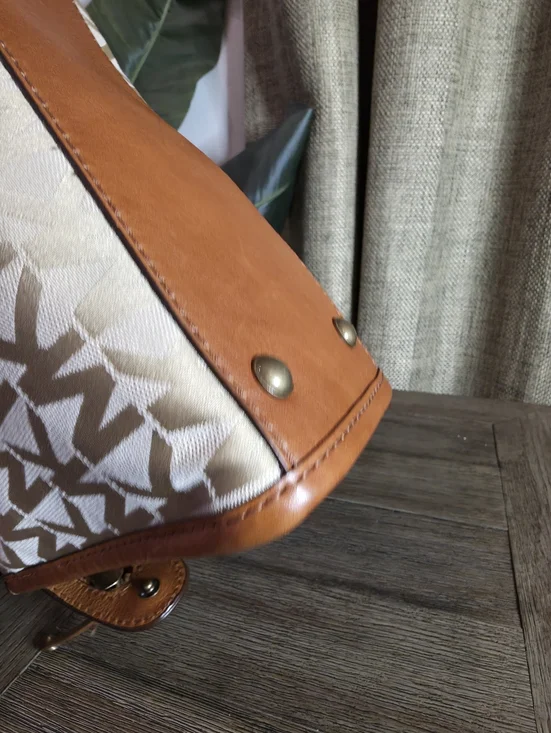 Michael Kors Beige Signature Logo Satchel with Brown Leather Trim - Picture 9 of 13